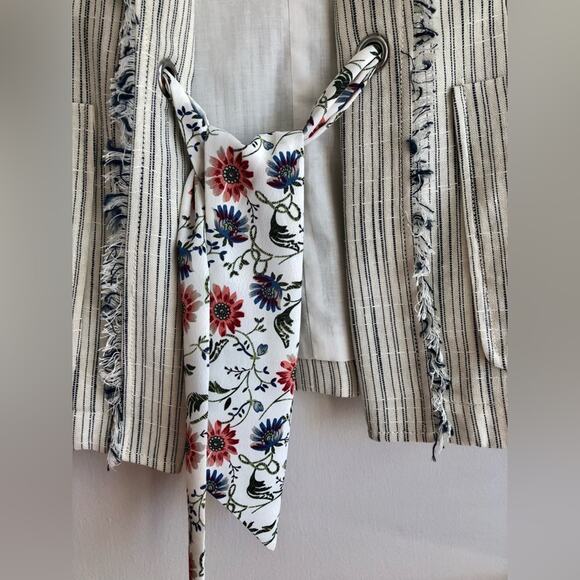 Anthropologie Cartonnier RARE Striped Fringed Linen White Blazer Women’s Size 8 - Picture 8 of 13